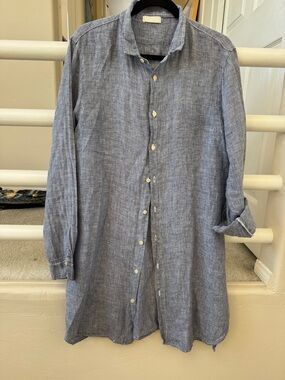 CP Shades Blue Linen Button-Front Shirt Dress
